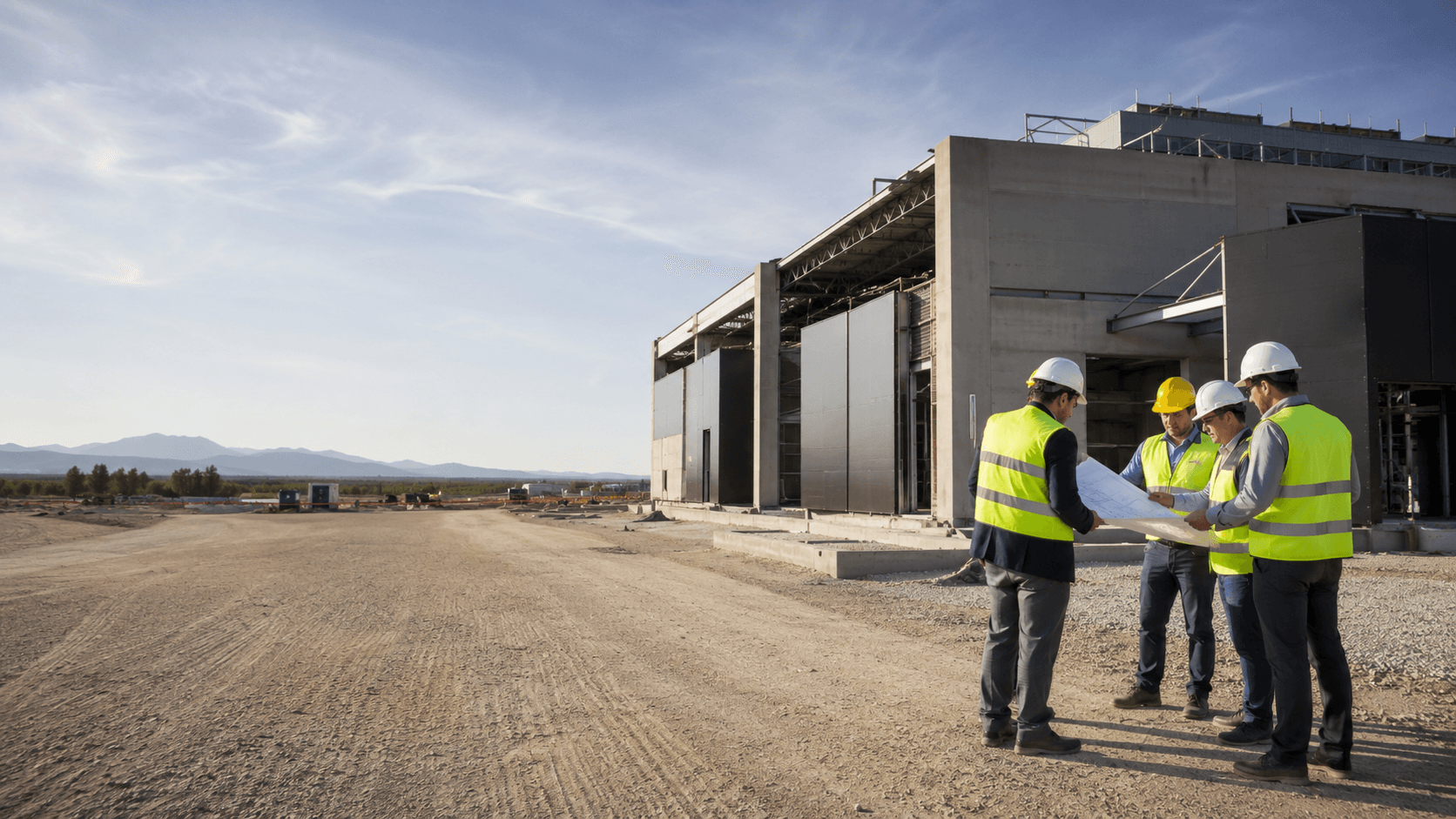 Site managers and project leads reviewing construction plans at a data centre buildout in Spain, illustrating the scale of corporate demand