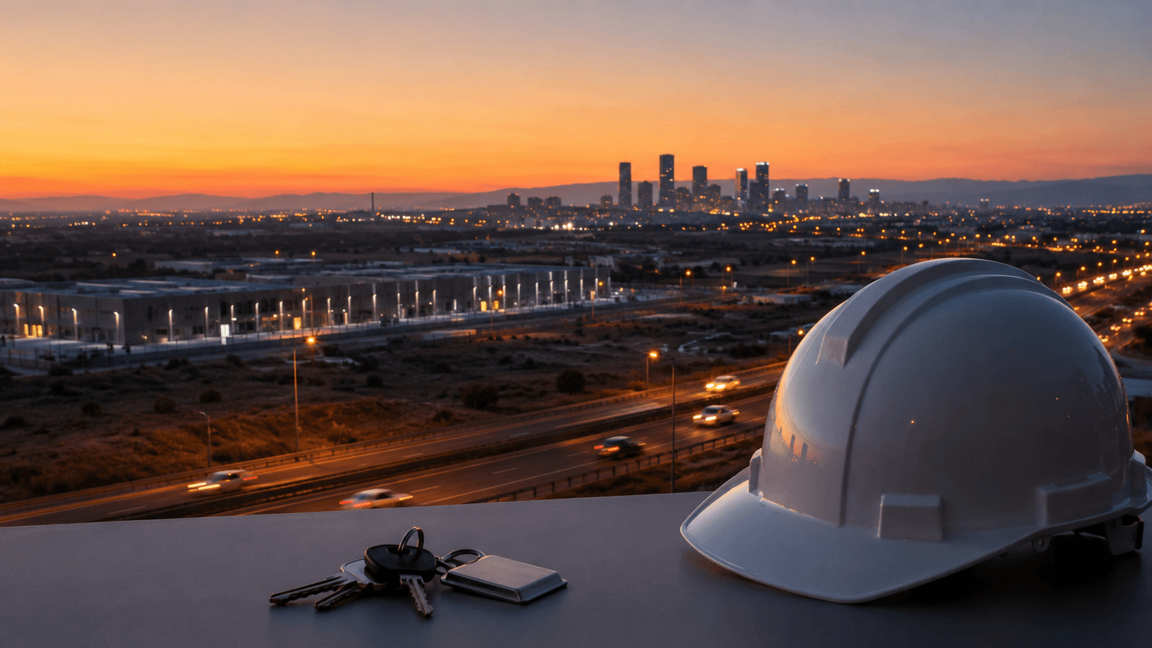 Construction project site at sunset with a hardhat and apartment keys in the foreground and a Spanish city skyline in the distance