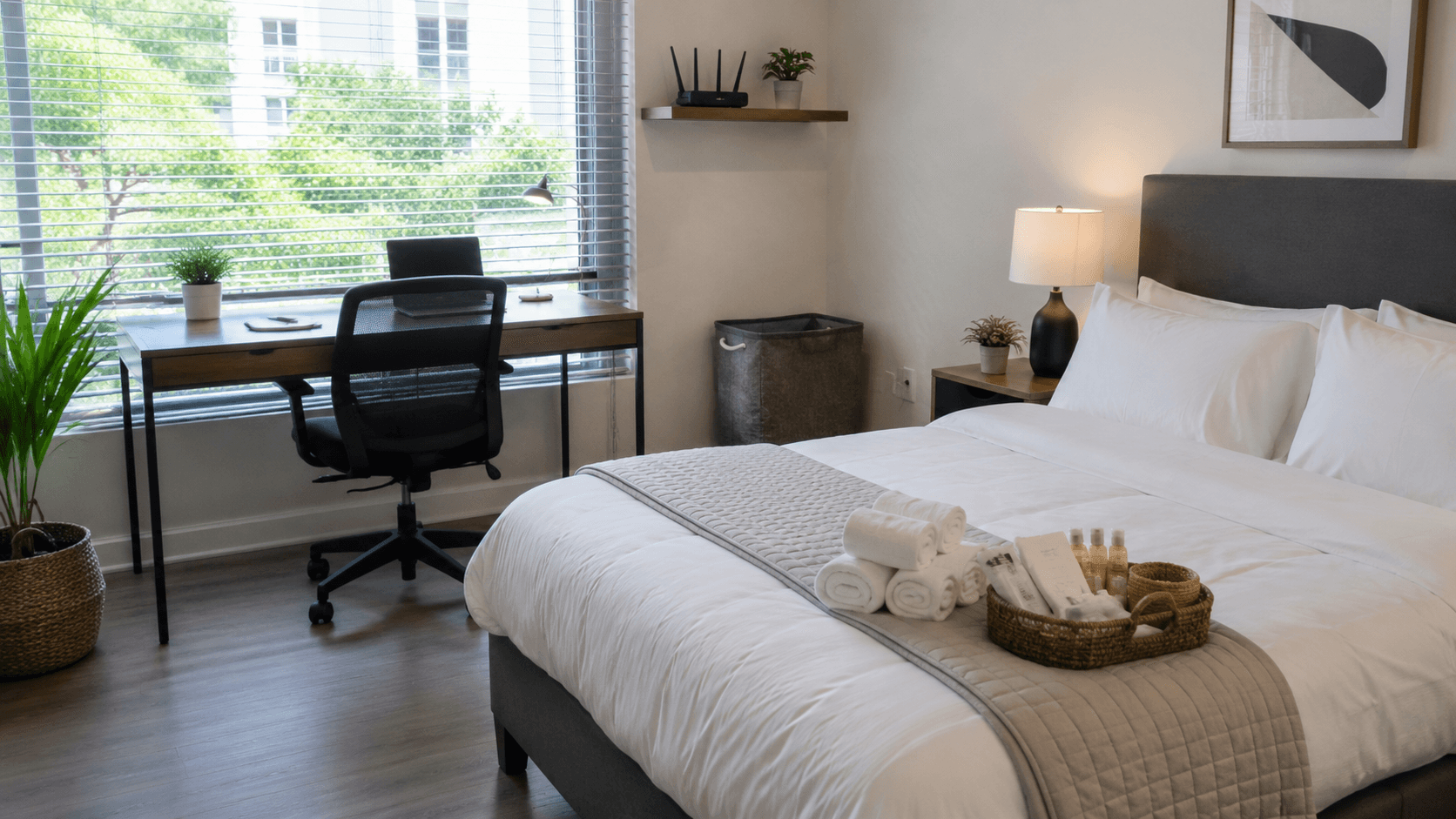 Carefully prepared corporate accommodation bedroom with workspace, fresh linens, and amenities ready for a project team's arrival