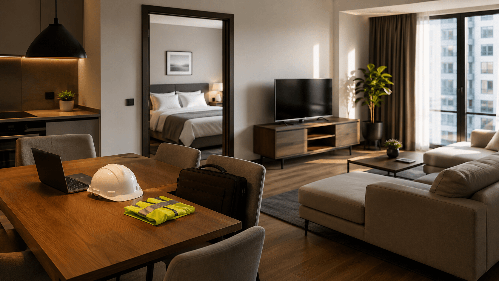 Furnished corporate apartment with a hardhat and laptop on the dining table, ready for a construction project team