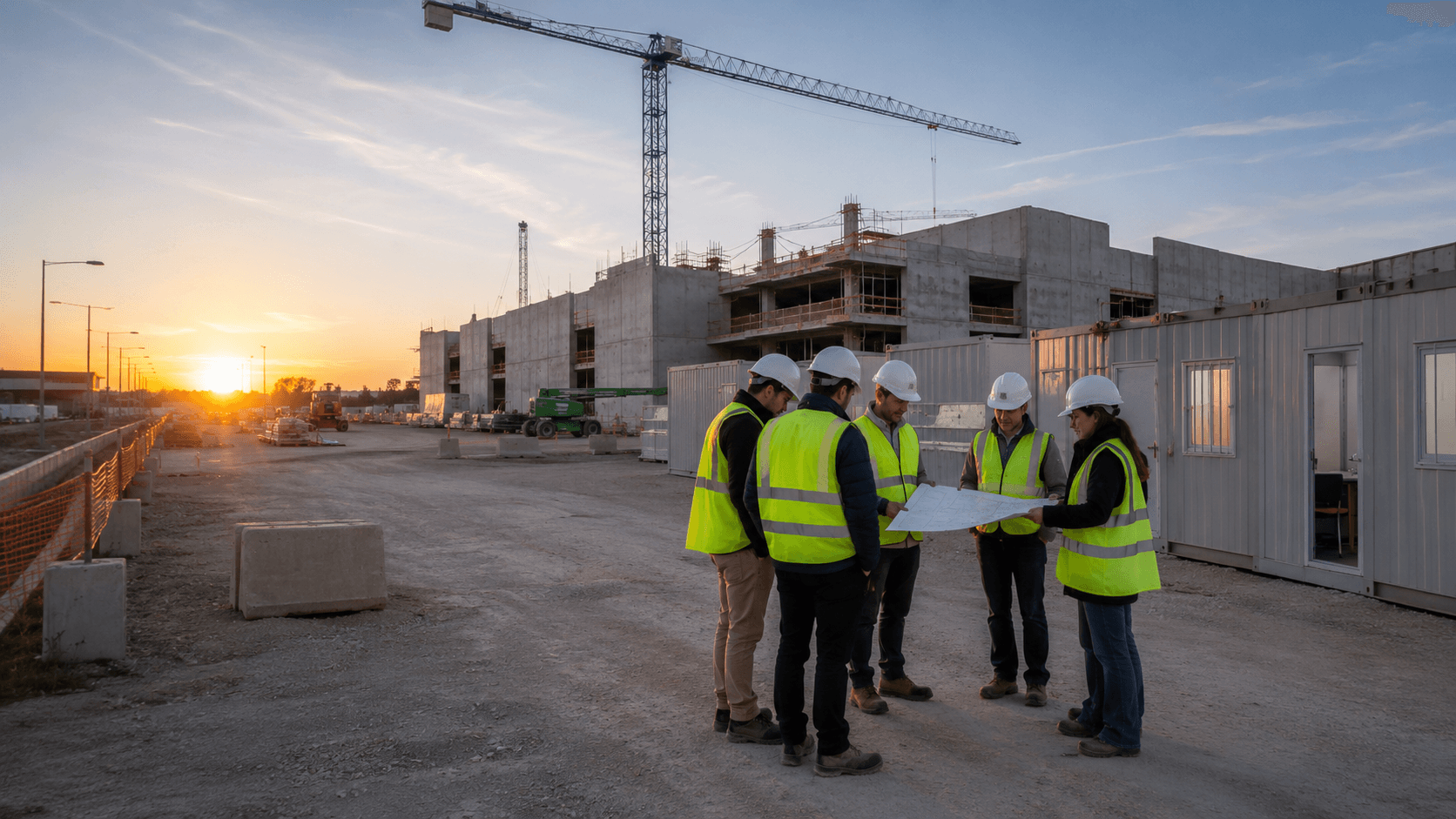 A team of construction project managers in high-visibility vests reviewing plans at a building site in Spain at golden hour